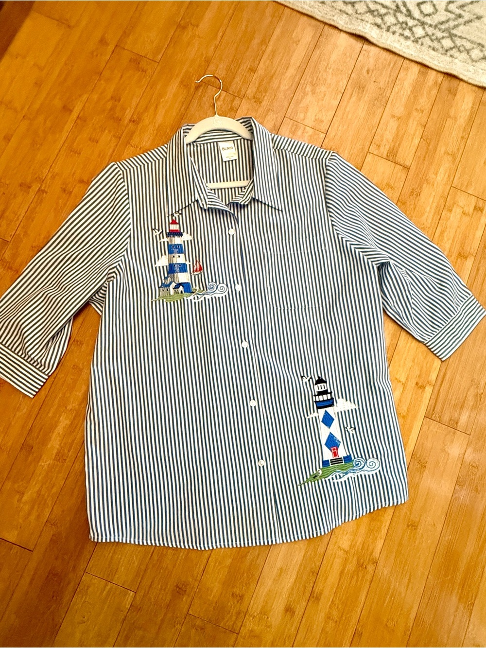 Blair Blue & White Striped Button-Down Shirt with Lighthouse Embroidery